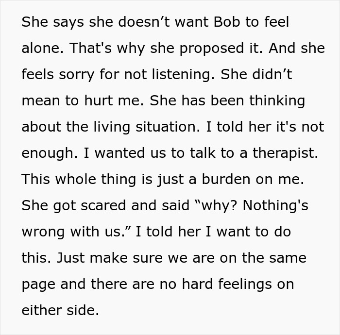 A screenshot of a text detailing a husband's accident and his ex-wife's refusal to leave his side, discussing therapy.