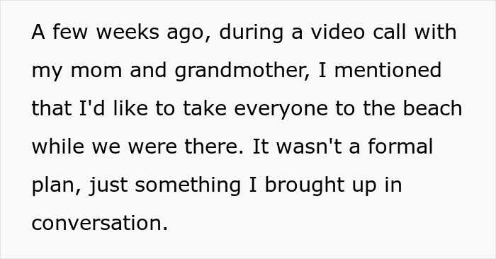 Text snippet describing a video call where beach plans for a family vacation were mentioned. Text snippet describing a video call where beach plans for a family vacation were mentioned.