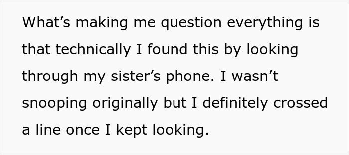 Screenshot of text confessing guilt over snooping through sister's phone