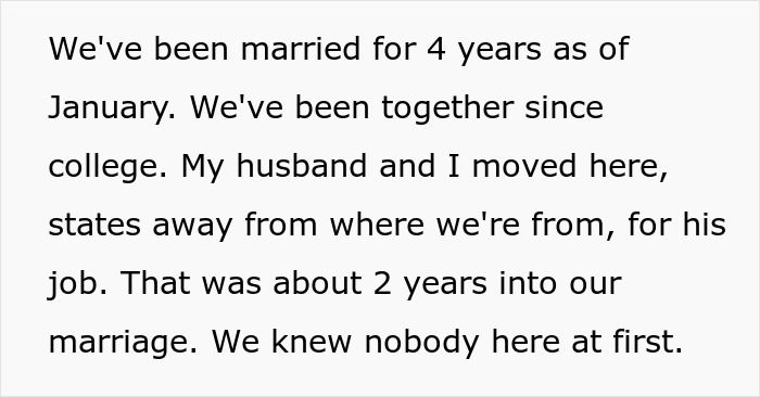 Screenshot of text detailing a woman and husband's 4-year marriage and college relationship. Screenshot of text detailing a woman and husband's 4-year marriage and college relationship.