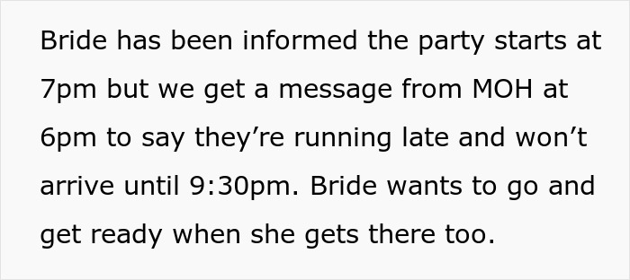 A perfect bachelorette with family drama: text describing the bride's delayed arrival at the party. A perfect bachelorette with family drama: text describing the bride's delayed arrival at the party.