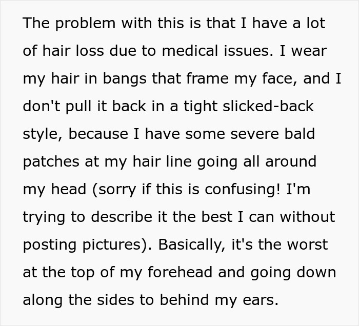 A woman is told her hair looks messy, an issue that could affect her job. She explains her hair loss due to medical issues.