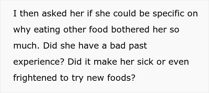 Text snippet asking a picky eater girlfriend about specific reasons for her food preferences. Text snippet asking a picky eater girlfriend about specific reasons for her food preferences.