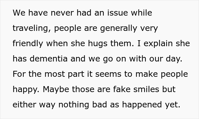 Text describing friendly interactions despite mom's dementia during travel Text describing friendly interactions despite mom's dementia during travel