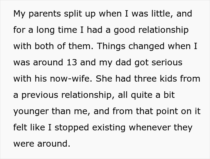 A screenshot showing text about parents splitting and a dad replacing his daughter with stepkids. A screenshot showing text about parents splitting and a dad replacing his daughter with stepkids.