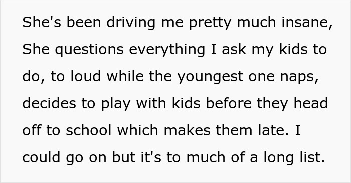 Text snippet: She's been driving me pretty much insane. A pregnant woman dealing with an overstaying MIL.