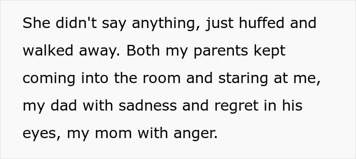 A woman's parents stare at her, her dad with sadness and regret, her mom with anger.