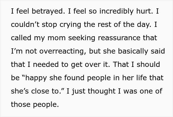 Text describing a woman's devastation and hurt at not being a bridesmaid, feeling betrayed about her friendship.
