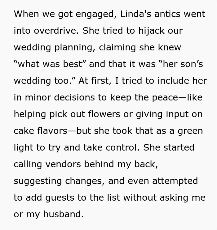 Screenshot of text about MIL hijacking wedding planning by calling vendors for her son's wedding.