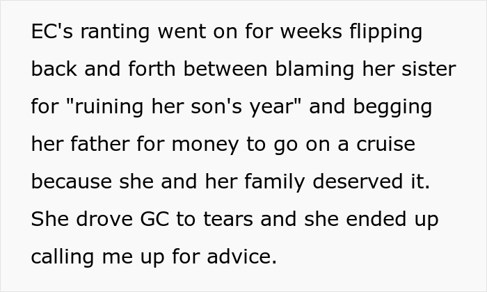 Text detailing how an entitled woman blamed her sister for ruining her son's year and demanded money for a vacation.