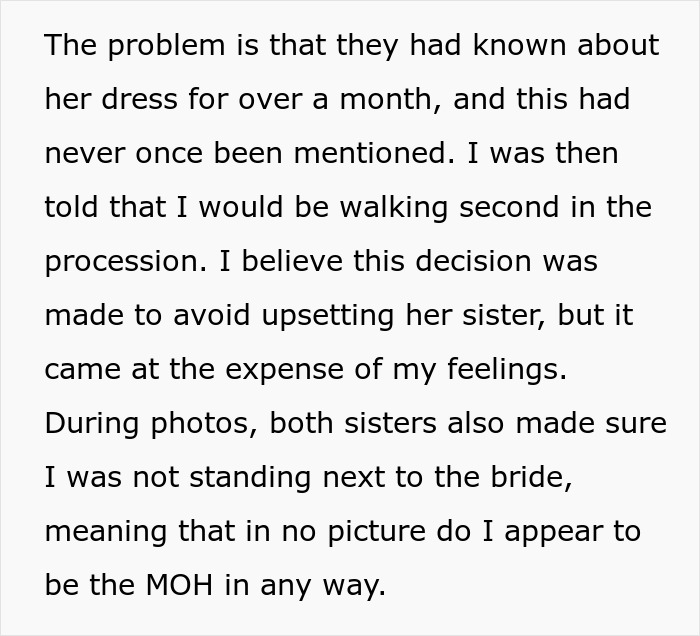 Text about MOH being excluded from bridal photos by bride's sisters