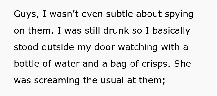 A woman's drunken tantrum during a honeymoon trip with her son at a hotel, as a guest spies on her.