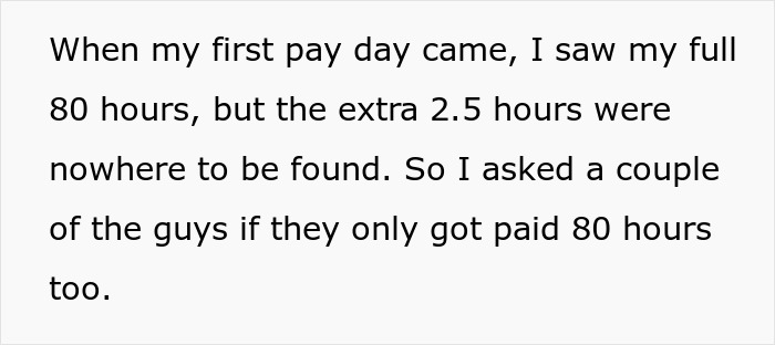 A new hire discovering illegal shenanigans in unpaid extra hours from management.