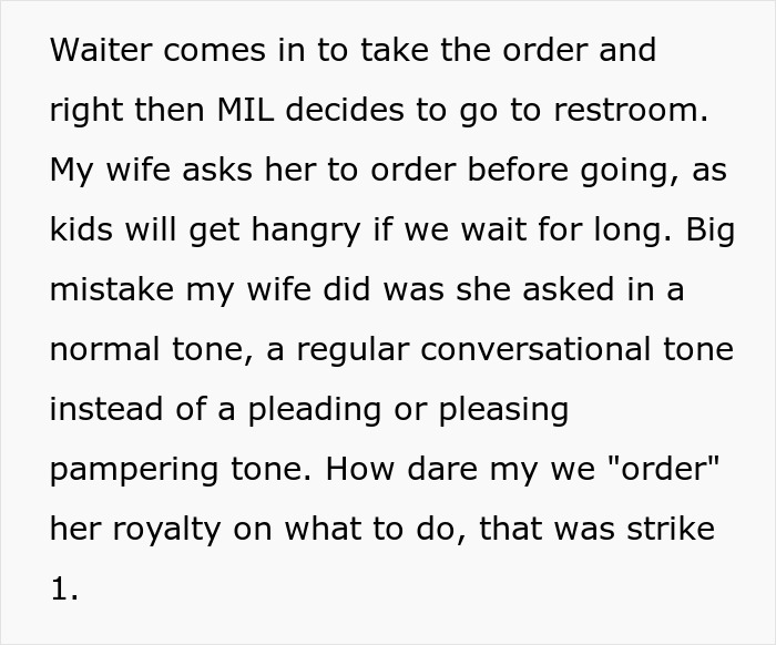 Text describing an attention-seeker mom causing disruption during a Mother's Day dinner by going to the restroom. Text describing an attention-seeker mom causing disruption during a Mother's Day dinner by going to the restroom.