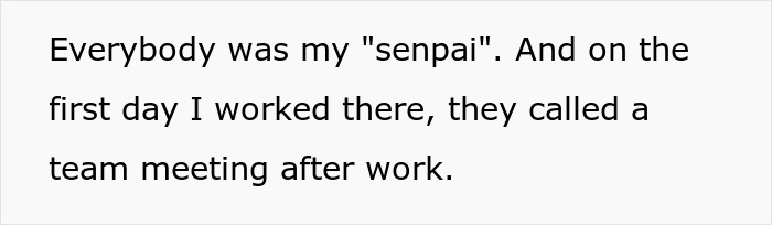 Text describing a new hire's first day, attending a team meeting after work due to management's illegal shenanigans.