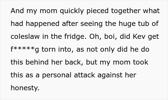 Text snippet revealing mom's boyfriend regretted testing kid's food issue, facing mom's anger.