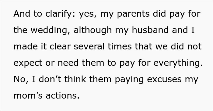 Bride clarifies parents paid wedding but didn't control expenses Bride clarifies parents paid wedding but didn't control expenses