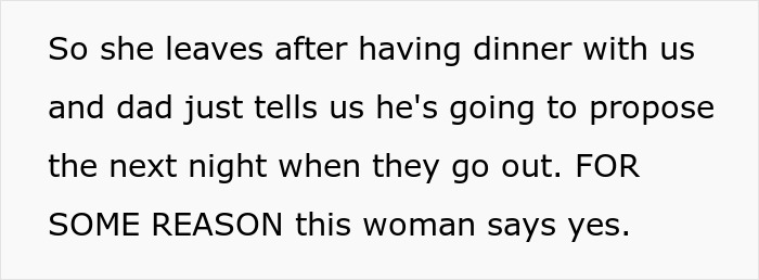 A screenshot of text describing a dad planning to propose, a secret wedding, and a bride's spite.