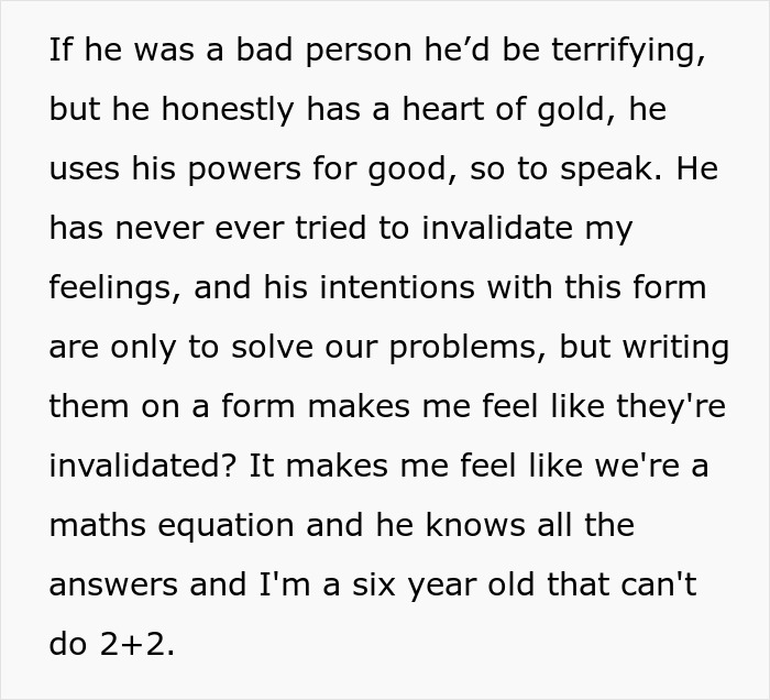 Text describing partner's good intentions but feeling invalidated by data collection Text describing partner's good intentions but feeling invalidated by data collection
