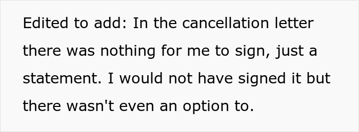 Text explaining cancellation letter with no signature option from wedding coordinator
