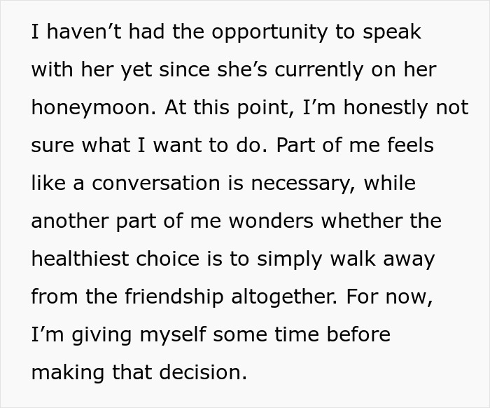 Text expressing uncertainty about future of friendship after MOH conflict