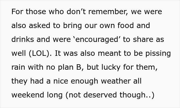 Guests asked to bring own food and drinks for rainy weekend wedding event Guests asked to bring own food and drinks for rainy weekend wedding event