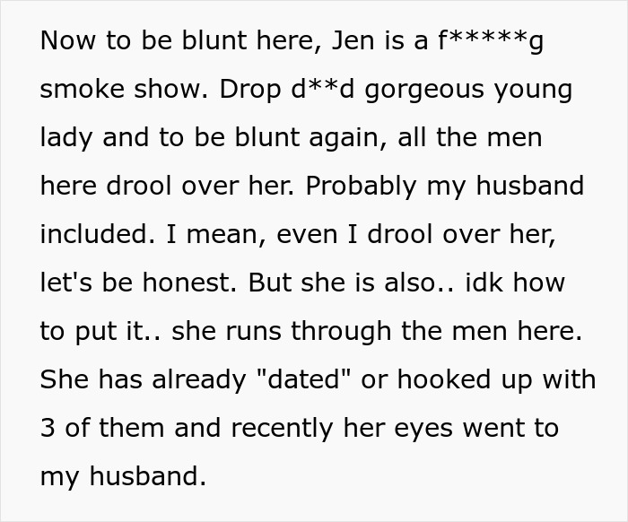 Text excerpt describing a female coworker causing tension with male colleagues Text excerpt describing a female coworker causing tension with male colleagues