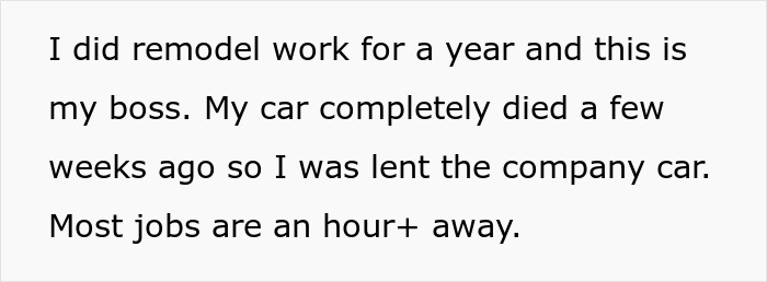 Text describing employee's year of work and company car use for commute Text describing employee's year of work and company car use for commute