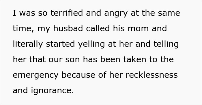 Text depicting a husband yelling at his mom for her recklessness, causing their son's ER visit.