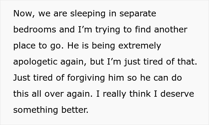 A screenshot of text detailing the woman's decision to move out from her talkative fiancé. A screenshot of text detailing the woman's decision to move out from her talkative fiancé.