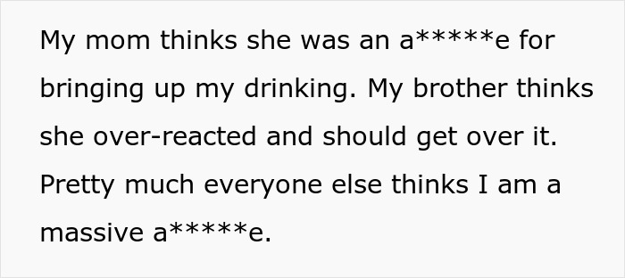 Text about family opinions on a confrontation involving fillers and drinking Text about family opinions on a confrontation involving fillers and drinking
