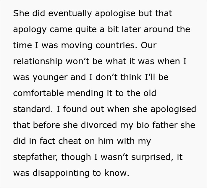 A screenshot of text revealing a 19YO stepdaughter's mother apologized late after ridiculous house rules. A screenshot of text revealing a 19YO stepdaughter's mother apologized late after ridiculous house rules.