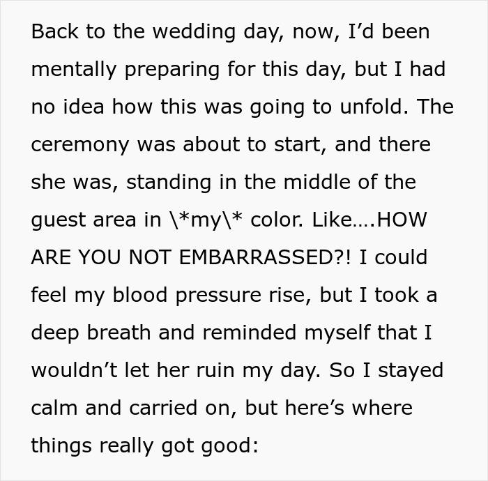 Bride's blood pressure rising as MIL stands in the guest area in white at son's wedding.