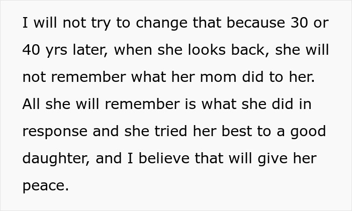 A screenshot of text discussing how a daughter's future peace comes from being a good daughter, not her attention-seeker mom's actions. A screenshot of text discussing how a daughter's future peace comes from being a good daughter, not her attention-seeker mom's actions.