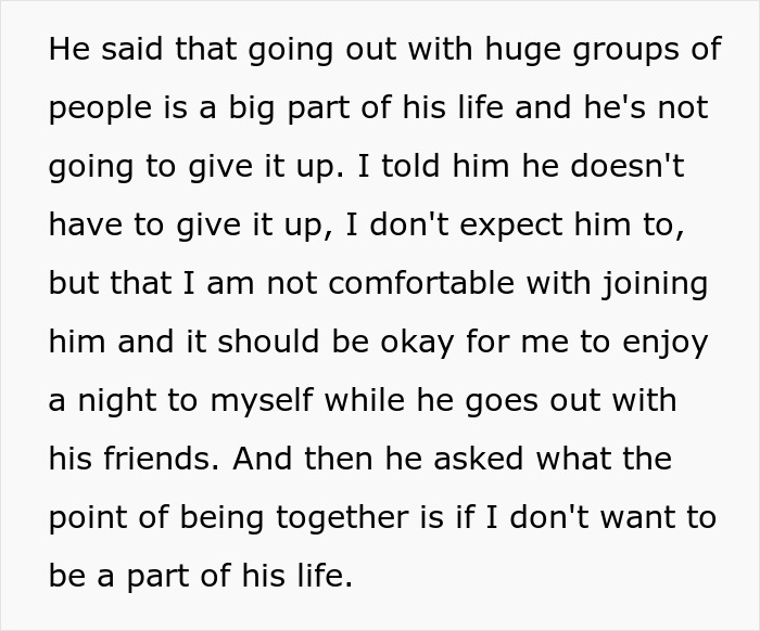 Man begs introverted GF to go to a bar crawl. Screenshot of text about relationship expectations. Man begs introverted GF to go to a bar crawl. Screenshot of text about relationship expectations.
