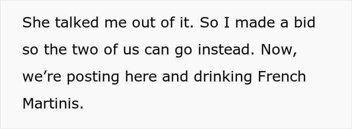 A screenshot showing a comment discussing a bid for a honeymoon trip after a woman's drunken tantrum.