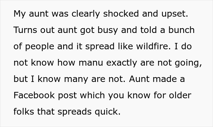 Text describing aunt spreading news causing people to boycott wedding Text describing aunt spreading news causing people to boycott wedding