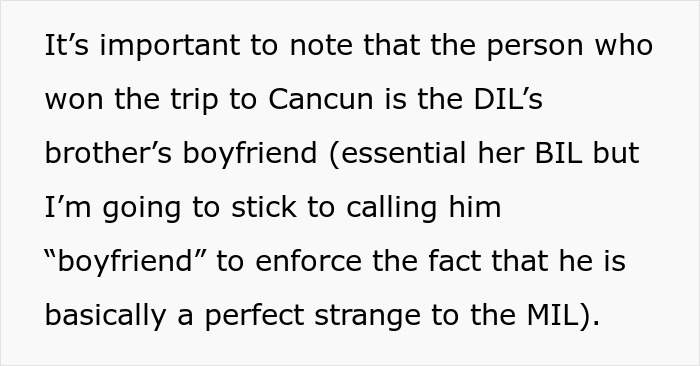 More text regarding the woman's drunken tantrum, clarifying who won the Cancun trip and the MIL's relation.