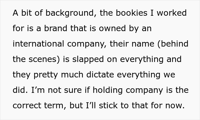 Text explaining background on bookies and holding company, essential for guy to expose thieves and take down company.