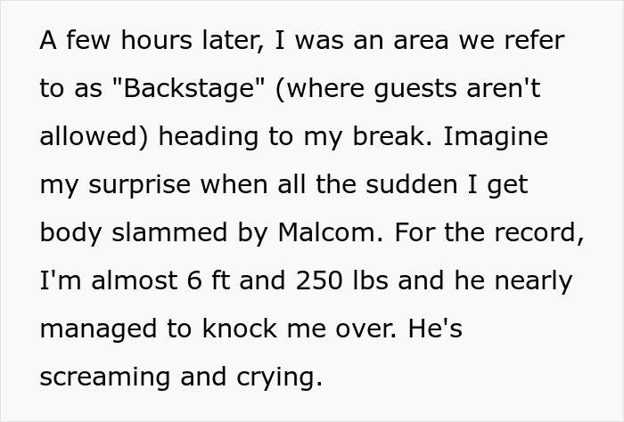 Text about an autistic child Malcom body slamming a man backstage