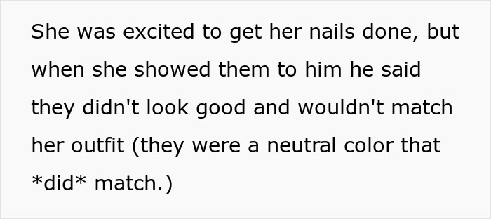 Text describing how the groom criticized the bride's nails, making her wedding about him and his preferences.