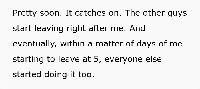 New hire inspires team to leave at 5:00 PM, standing up to management's illegal shenanigans.