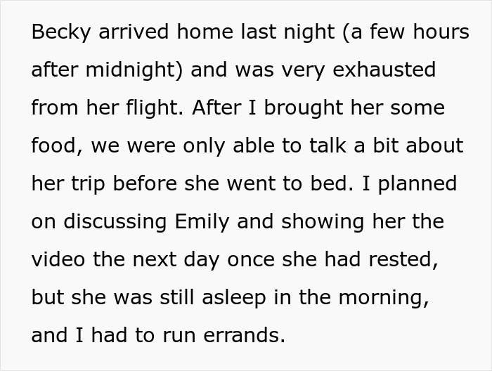 Text detailing Becky's late arrival and exhaustion from her flight, delaying the discussion about a creepy friend.