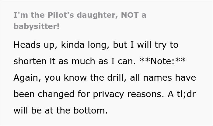 Text stating pilot's daughter is not a babysitter, introduction to parenting story Text stating pilot's daughter is not a babysitter, introduction to parenting story