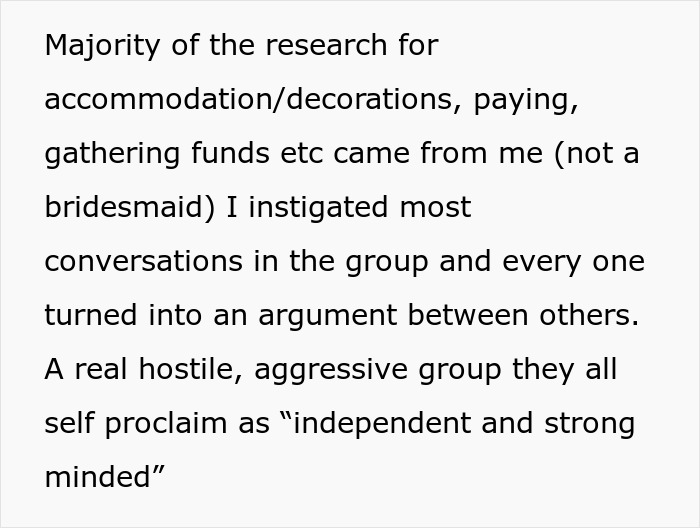 Screenshot of text explaining how the research and funding for a bachelorette party led to arguments and family drama. Screenshot of text explaining how the research and funding for a bachelorette party led to arguments and family drama.
