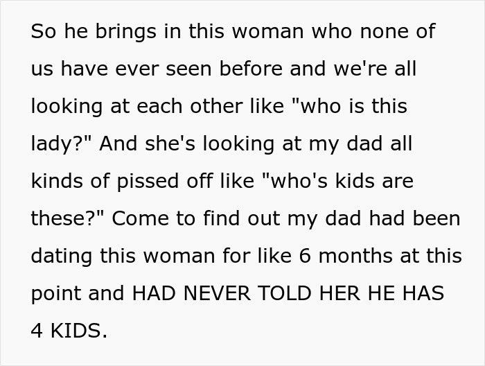 Text detailing how a dad introduced a woman who was unaware he had 4 kids, leading to a surprise wedding.