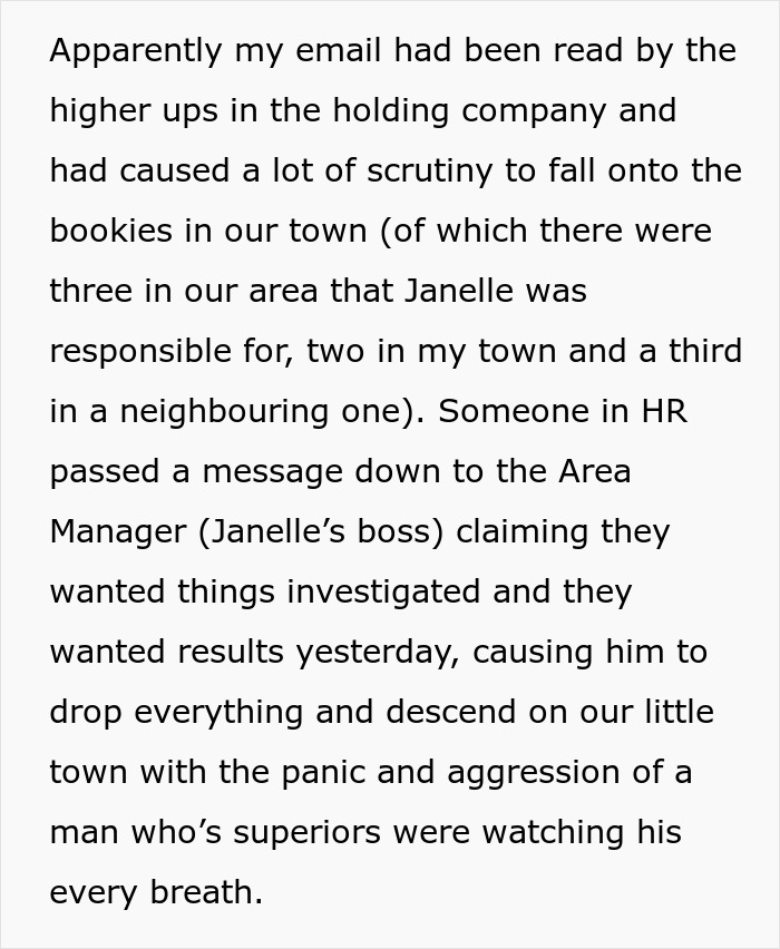 Text snippet: Email exposed the company, causing scrutiny, investigations, and panic for the Area Manager about the unjustly fired situation.