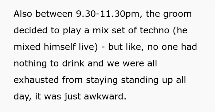 Guest recounting awkward techno mix played by the groom at the wedding Guest recounting awkward techno mix played by the groom at the wedding