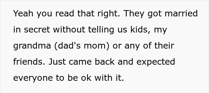 A screenshot of text about a dad's secret wedding without telling his children or family, causing a bride's spite.