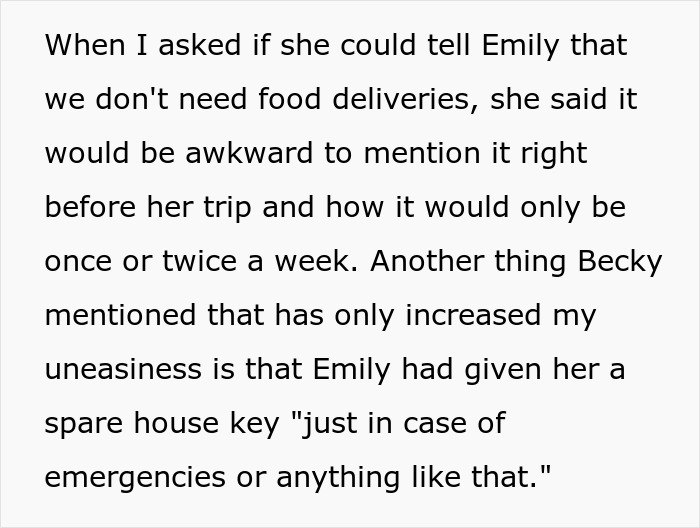 Text snippet about a creepy friend flirting with hubby, revealing Emily having a spare house key.